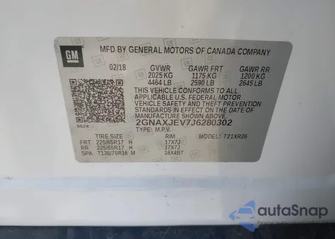 2018 Chevrolet Equinox Lt из США, поврежденный, VIN 2GNAXJEV7J6280302